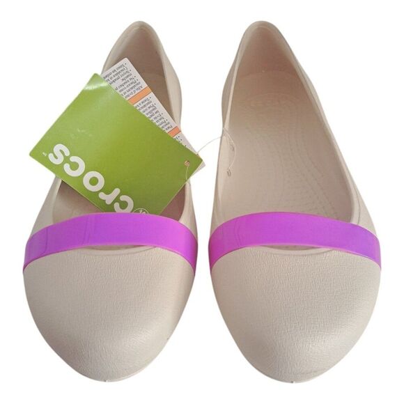 Crocs Brynn Flats Women's 10 Cap Toe Ballet Casual Off White Slip Violet Strip - Picture 3 of 8